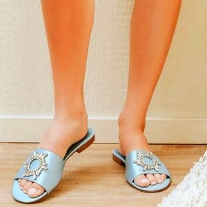 🆕️Lulus Thyyla Blue Satin Rhinestone Slide Sandals